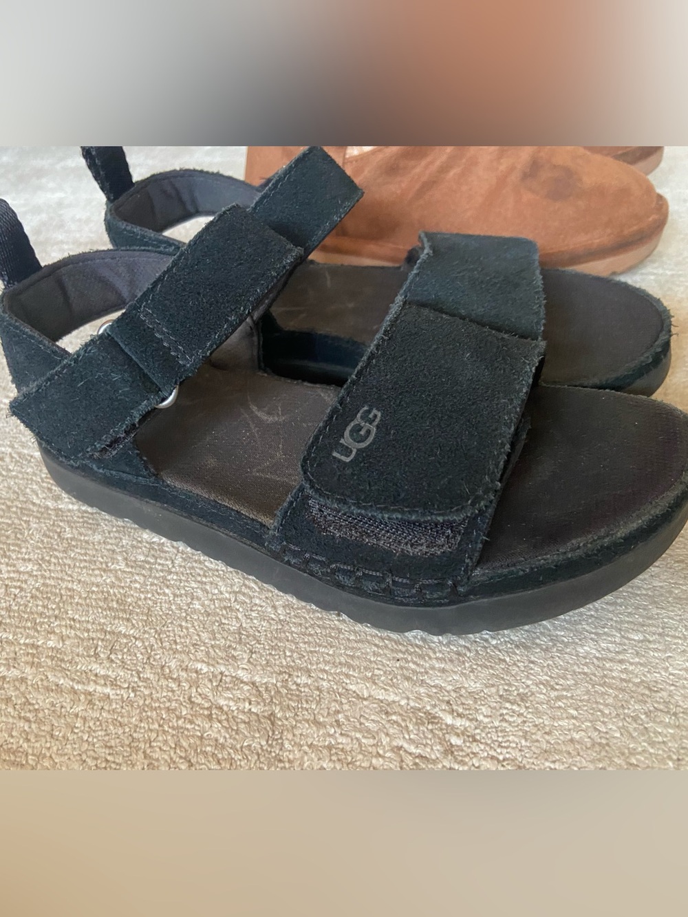 UGG Black Suede Velcro Strap Sandals